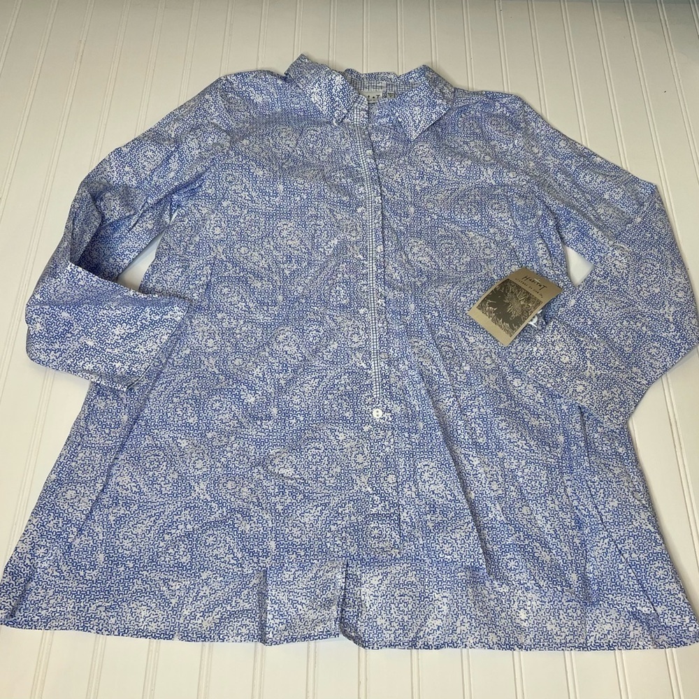 Habitat Clothes To Live In Medium Tunic Top White Blue Button Down Shirt NEW 12
